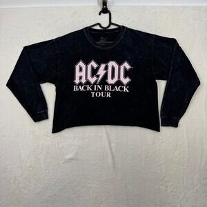 AC/DC Graphic T-Shirt Womens M Black Back In Black Tour Cropped Mineral Wash Tee